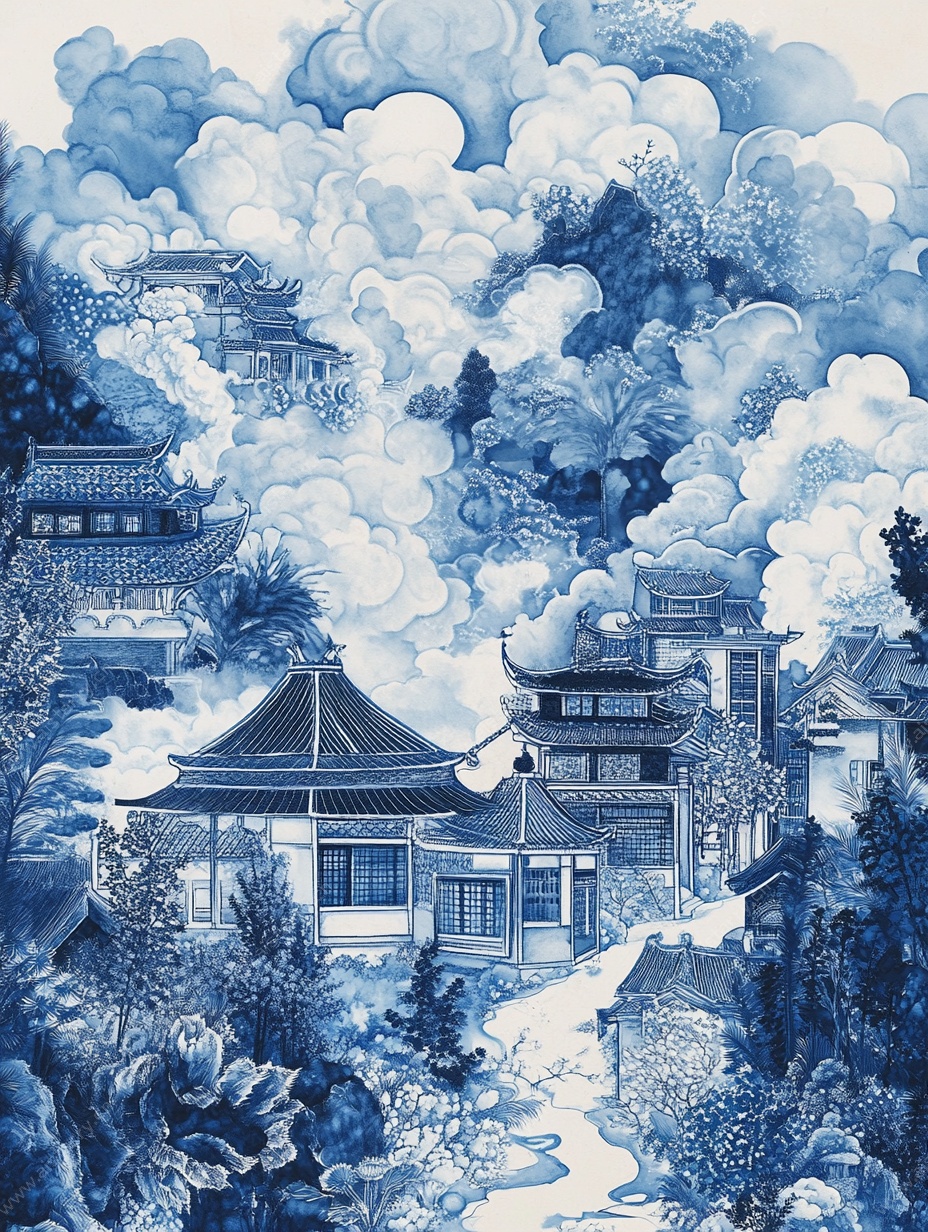 青花瓷韵中式山水楼阁图