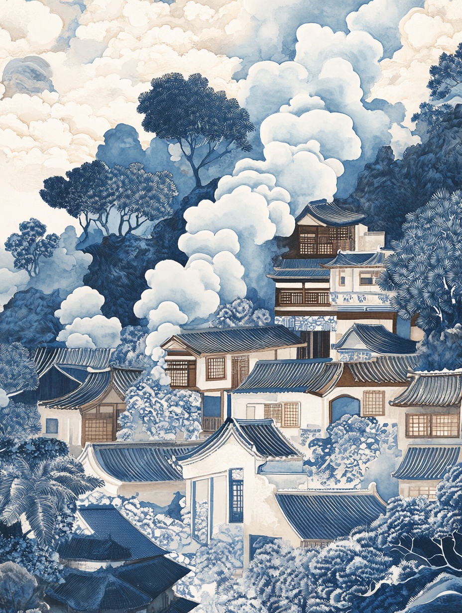 蓝调中式村落山水图景