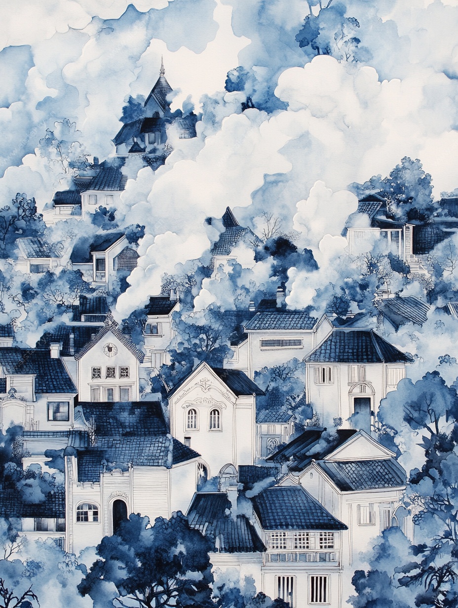 蓝白梦幻小镇水彩画景