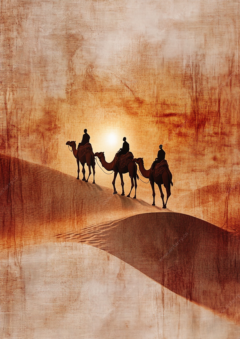 沙漠驼队夕阳剪影