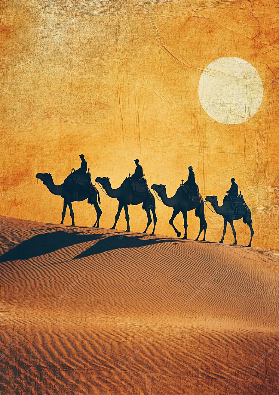 沙漠驼队夕阳剪影图