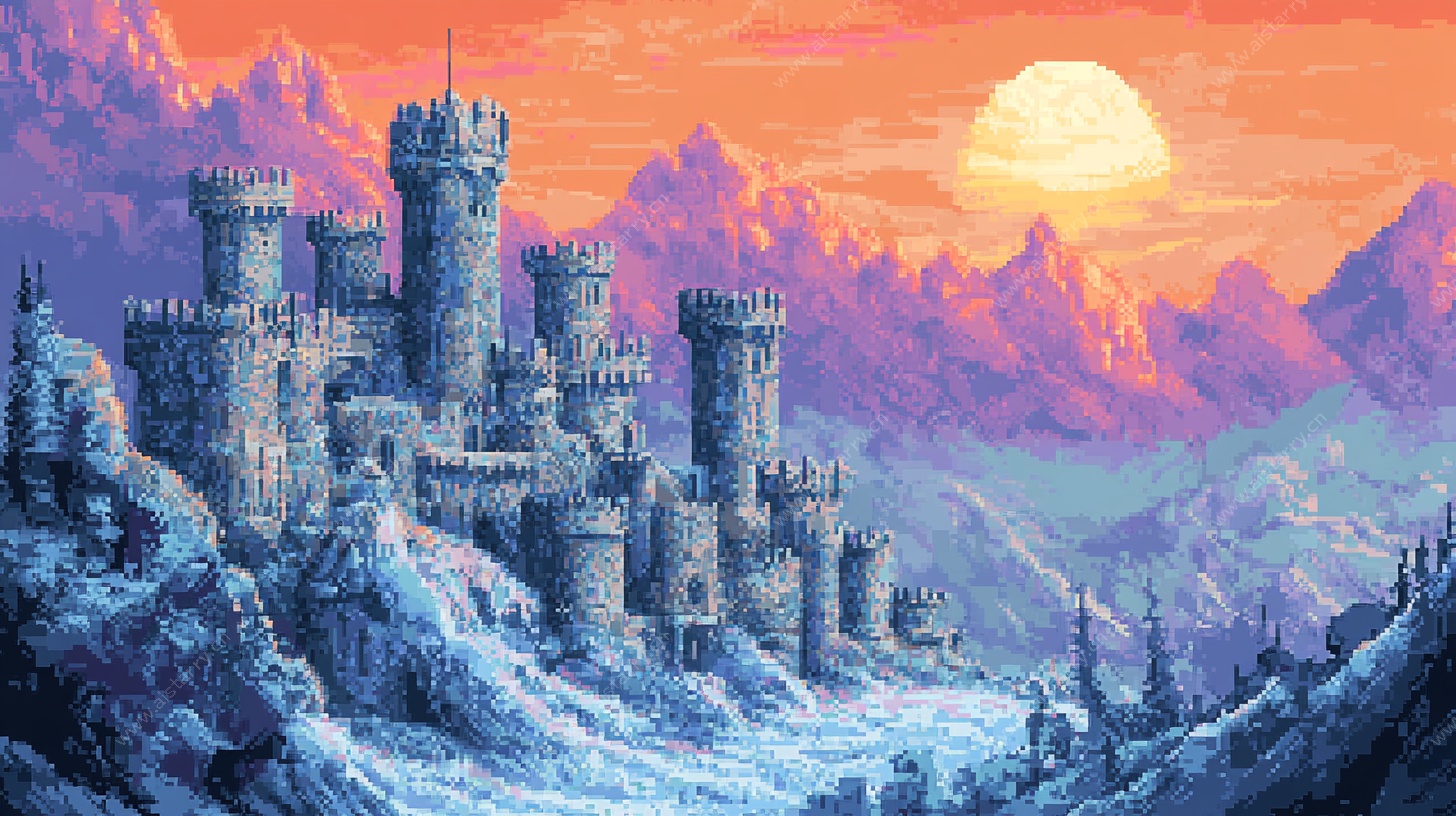 奇幻雪山城堡夕阳图景