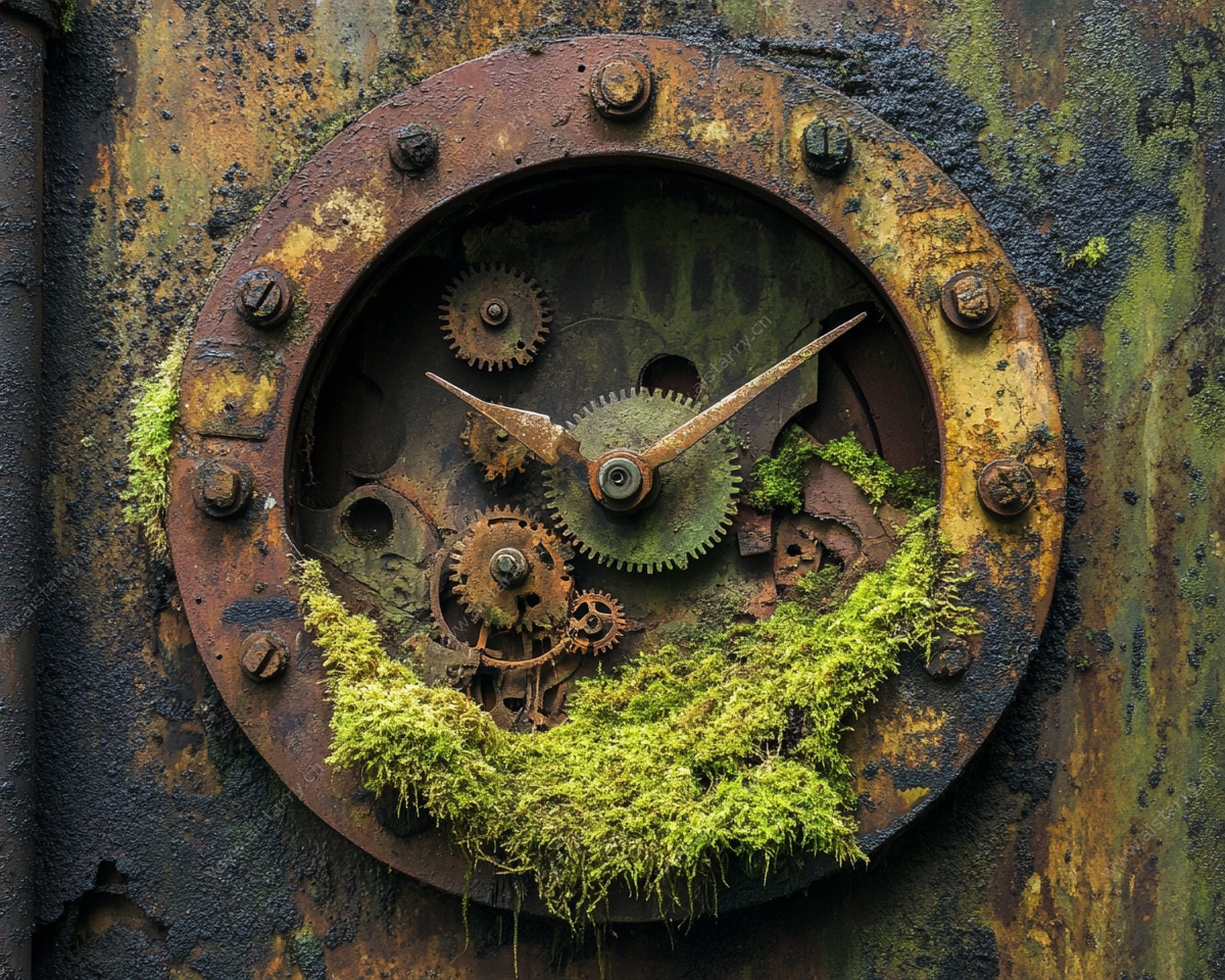 生锈机械齿轮上的翠绿苔藓