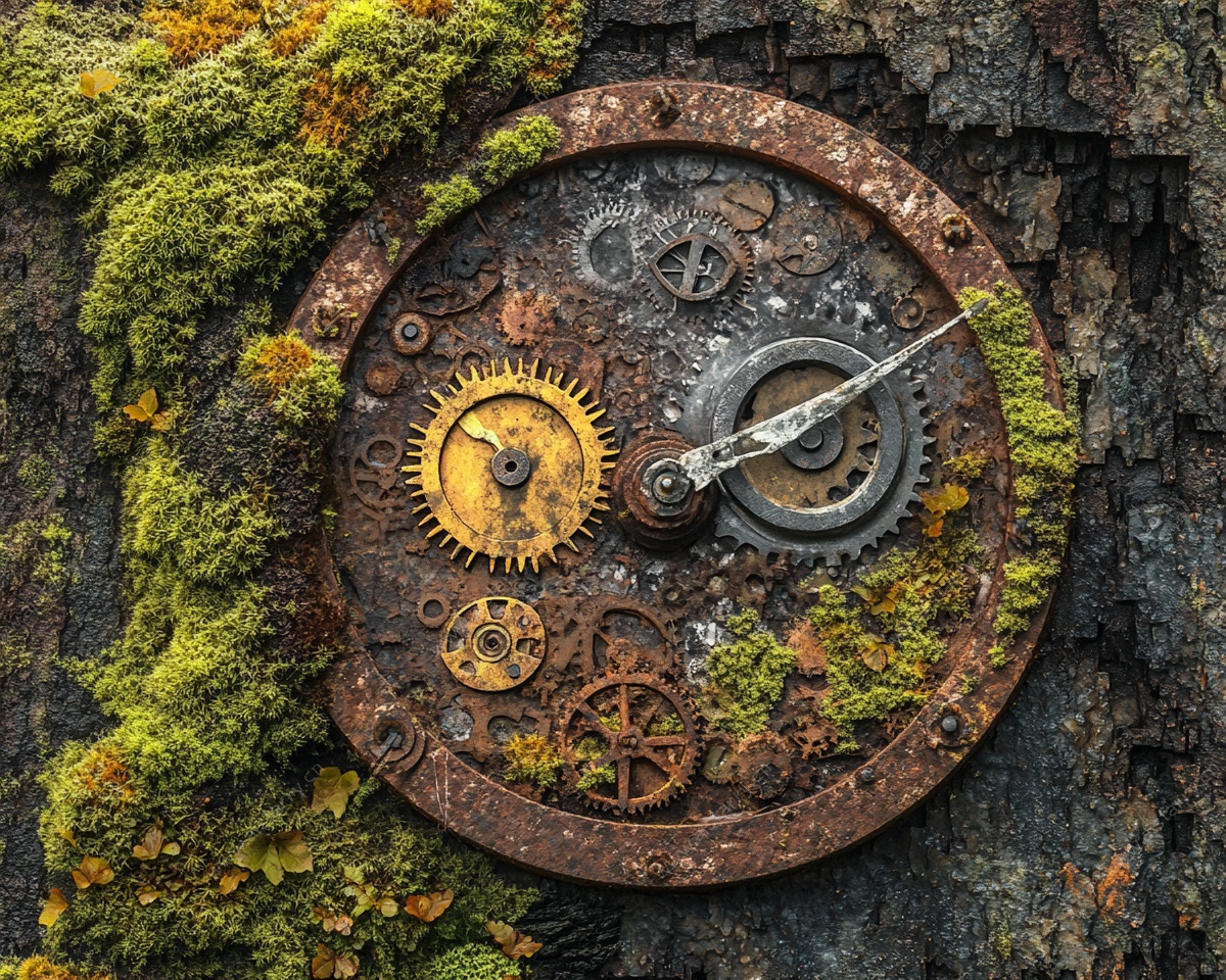 锈蚀齿轮与青苔的复古景象
