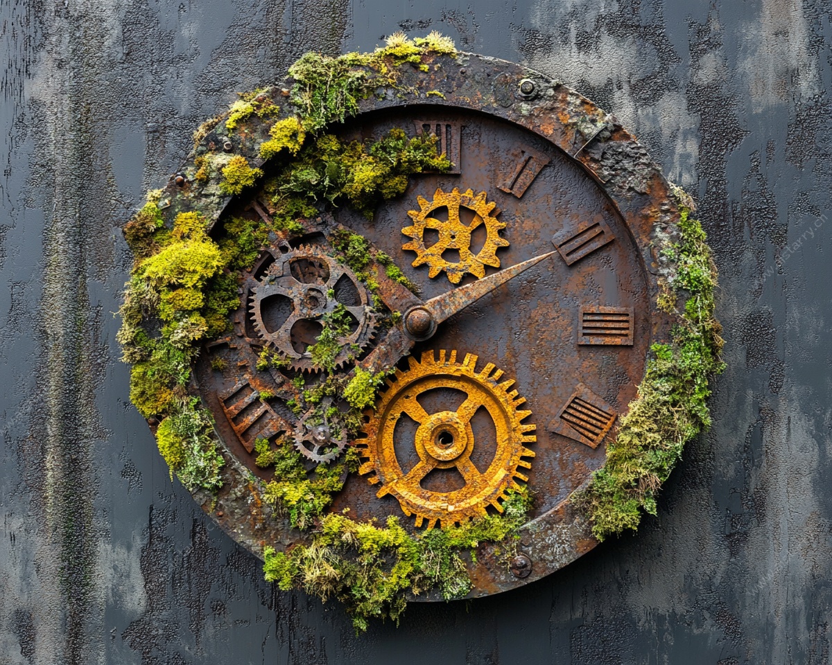 复古苔藓覆盖齿轮时钟
