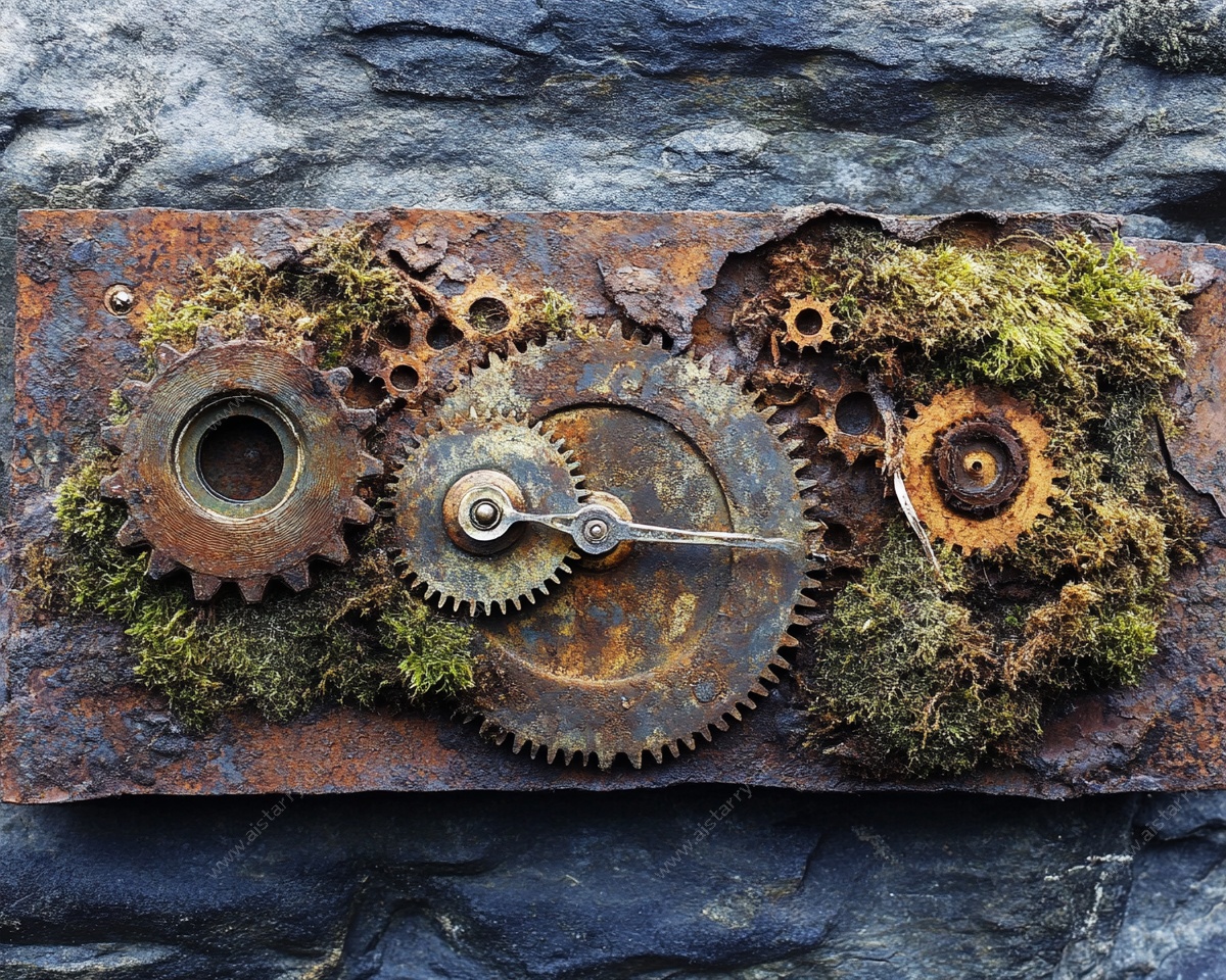 生锈齿轮与苔藓的复古组合