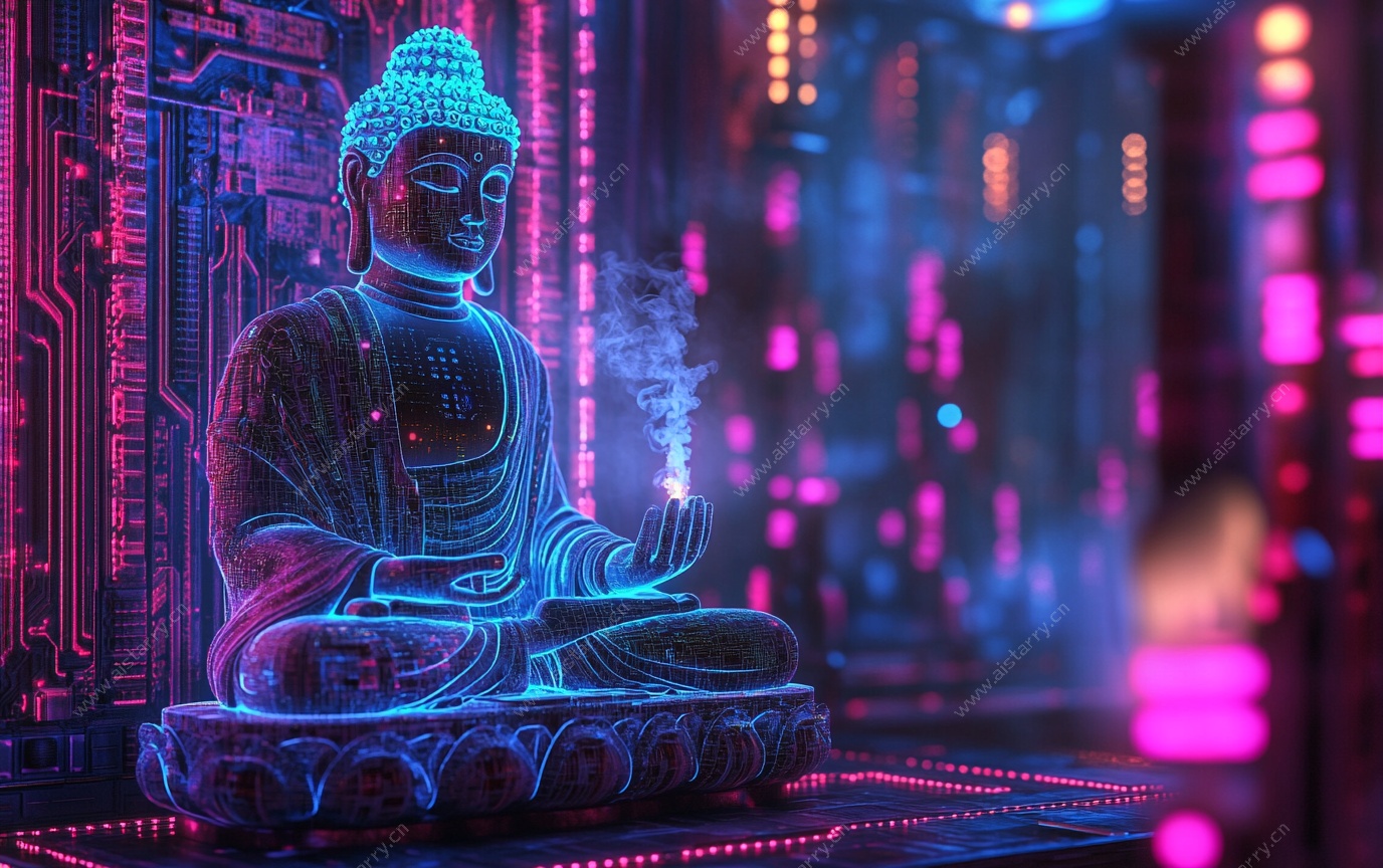 赛博朋克风格佛像艺术图