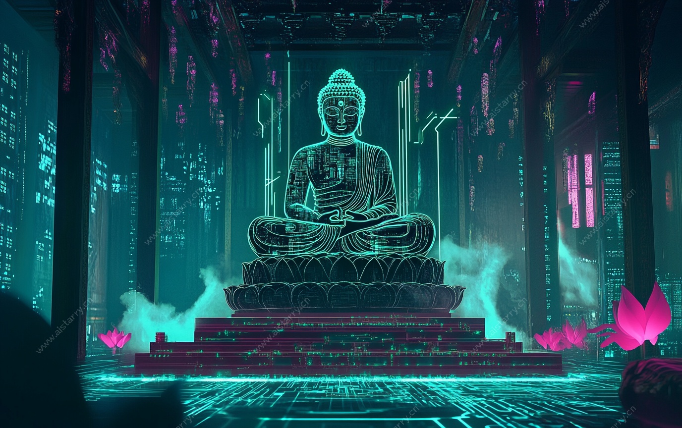 赛博朋克风格佛像场景