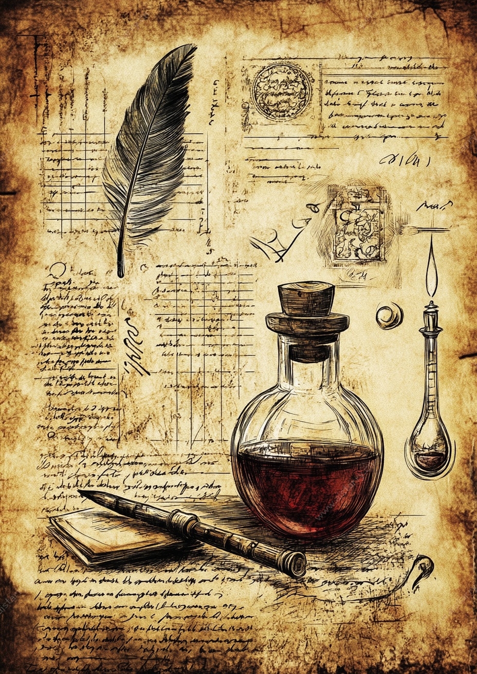 复古墨水瓶与羽毛笔插画