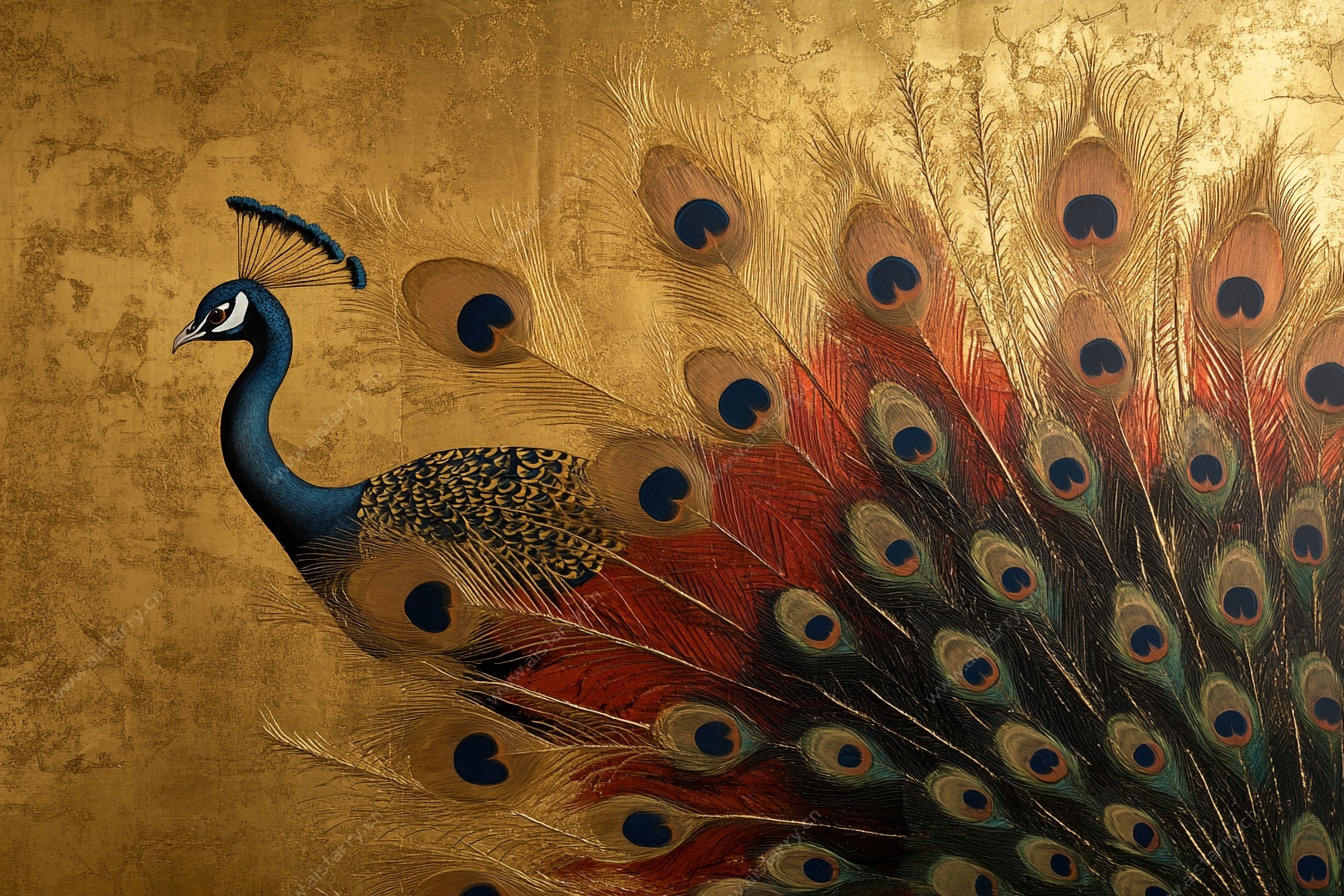 金色背景上的华丽孔雀