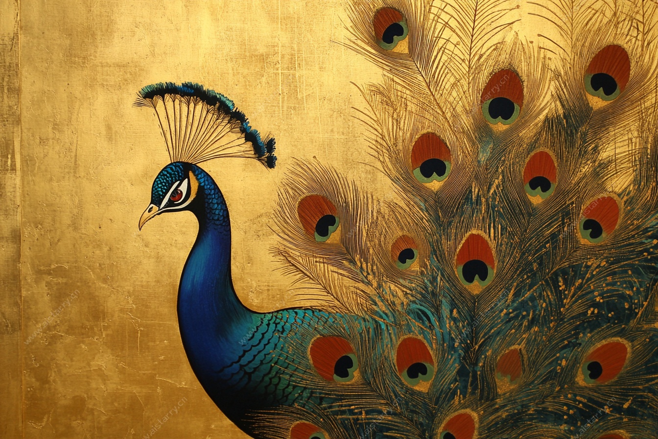 金色背景上的华丽孔雀
