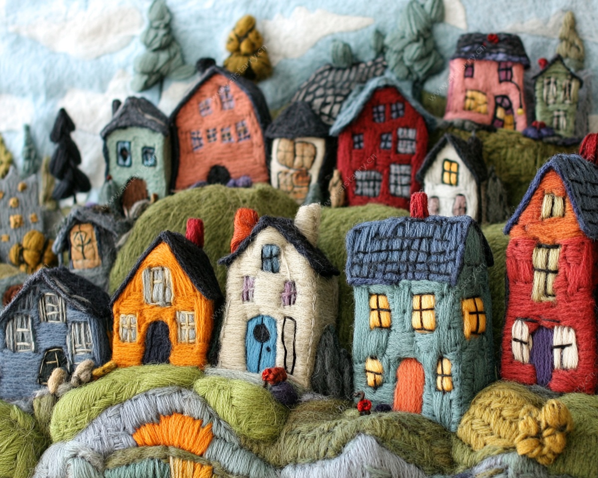 手工毛毡彩色小村景观