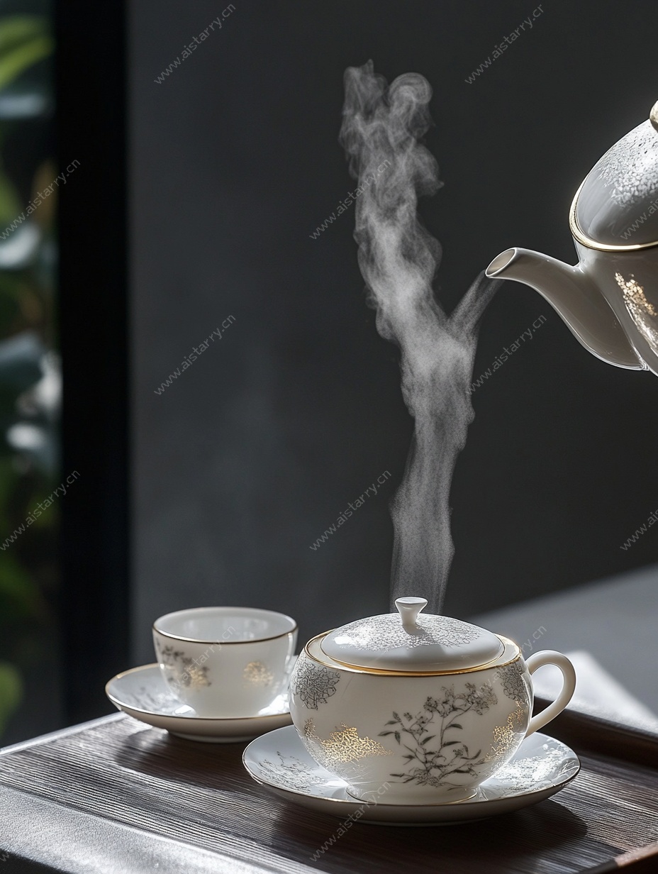 中式茶具煮茶氤氲画面