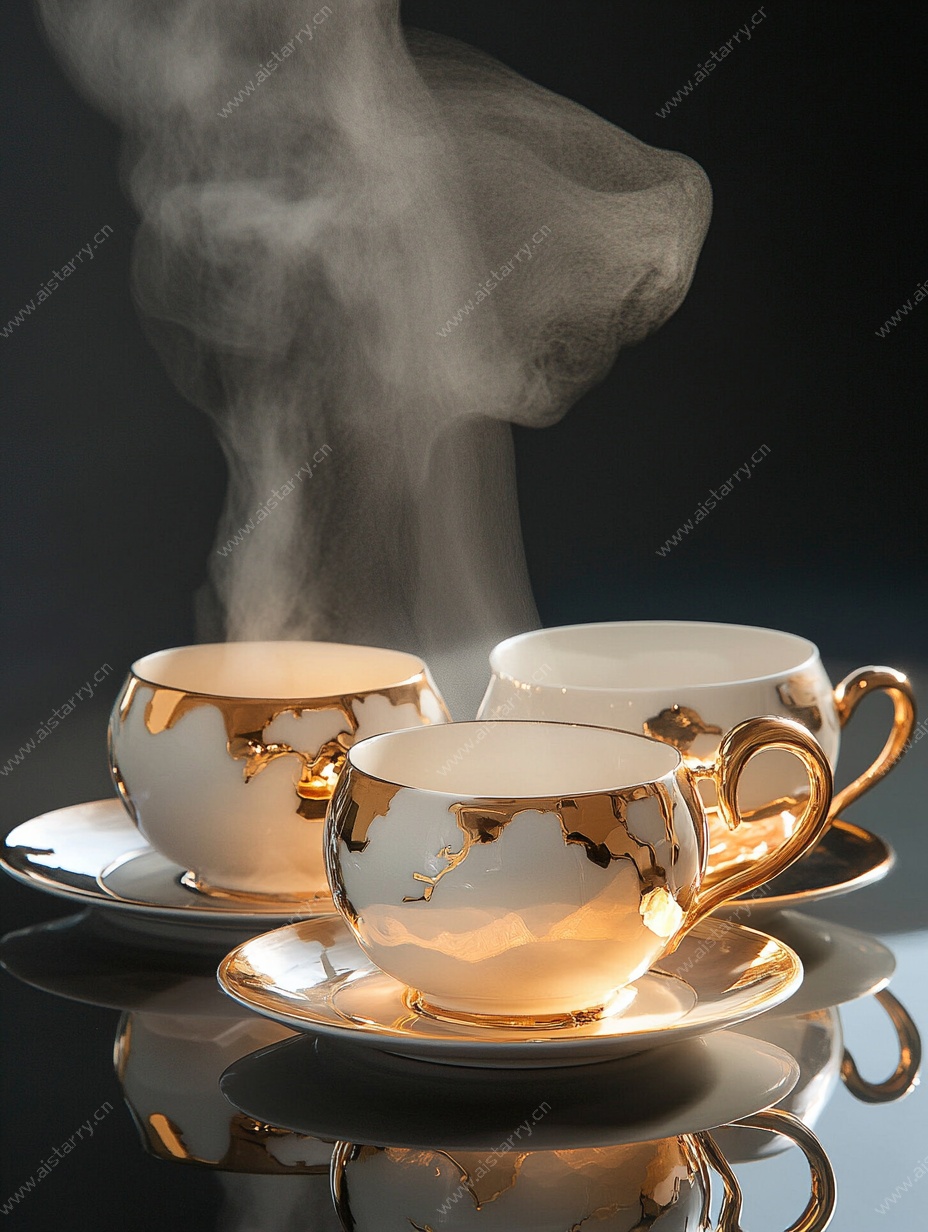 精致金边茶杯与袅袅热气
