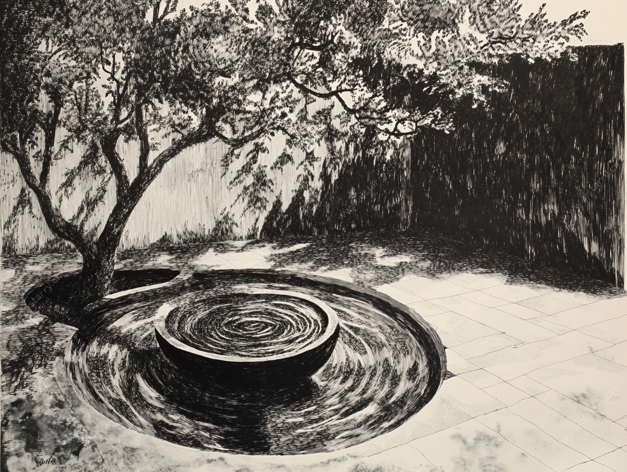 庭院水景黑白素描图
