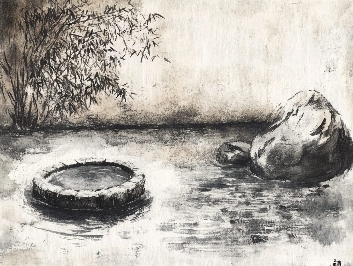 水墨风池塘石景图
