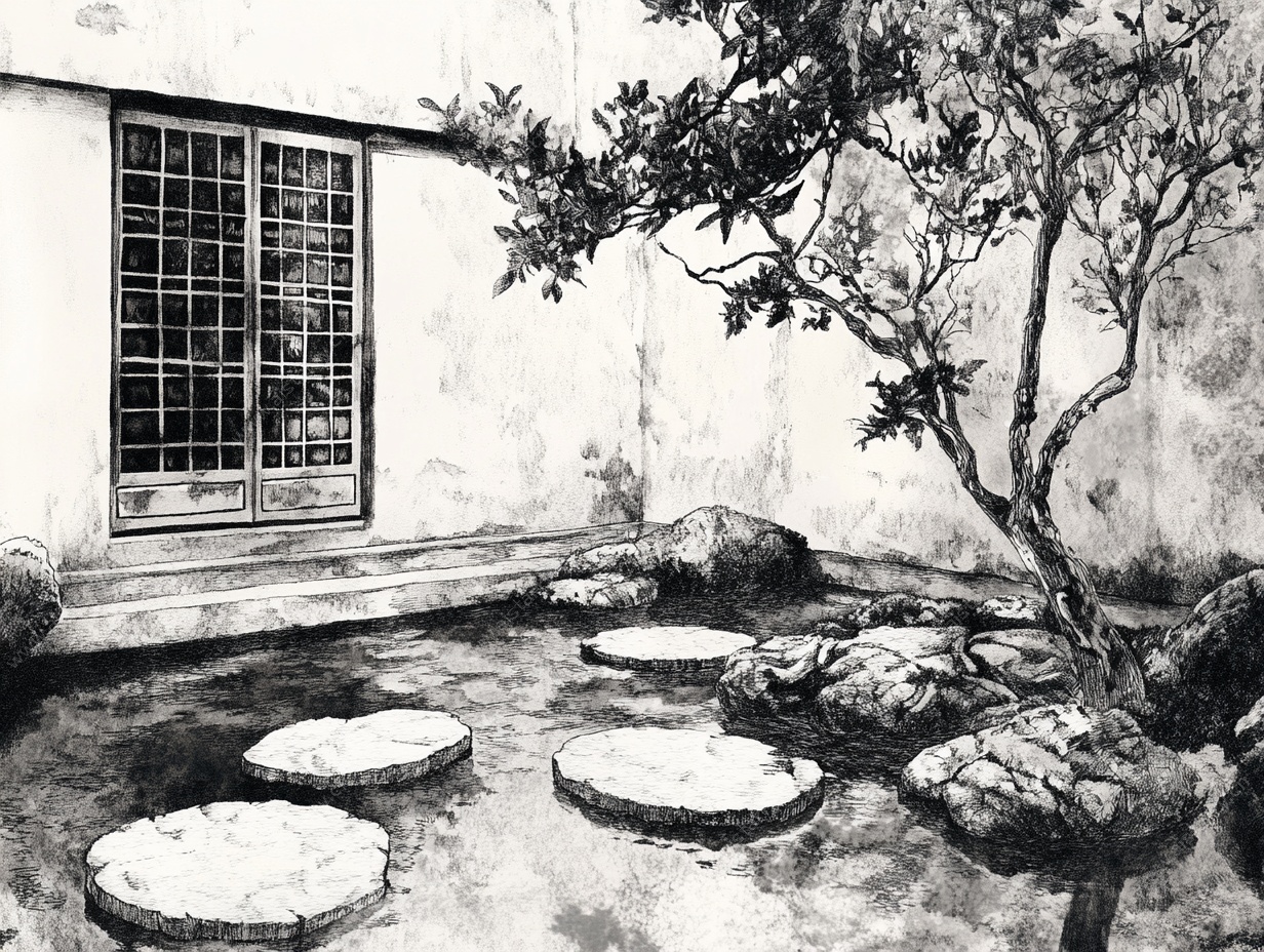 中式庭院石径黑白水墨画