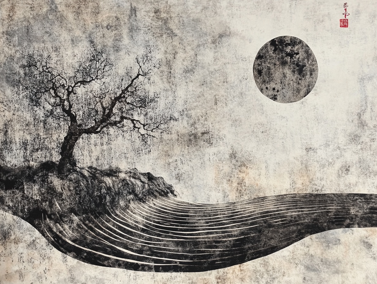 月夜孤树水墨意境图
