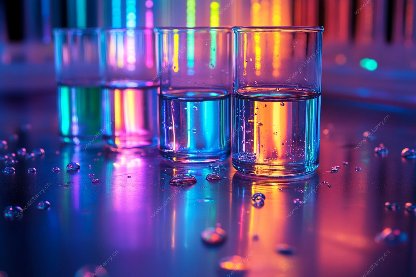 彩色光线下的透明玻璃杯