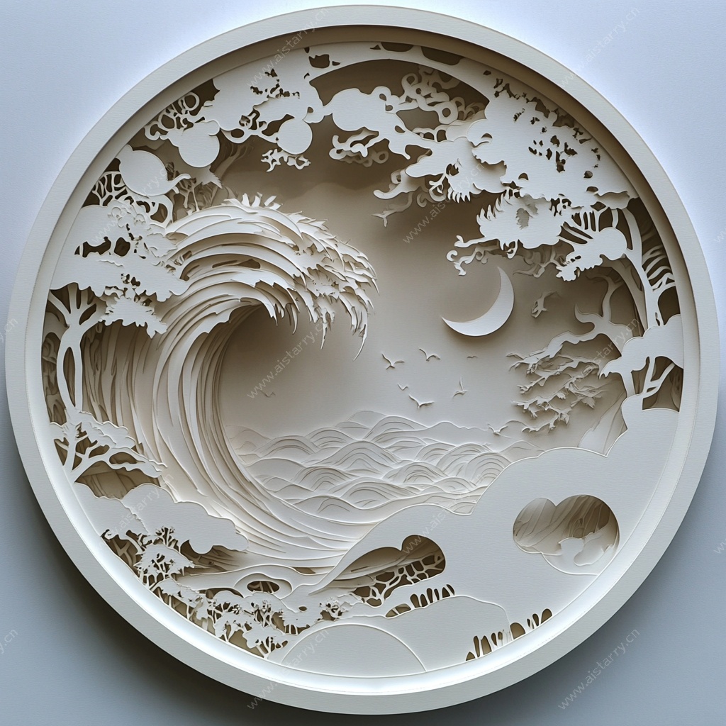 圆形纸雕海浪月夜景观