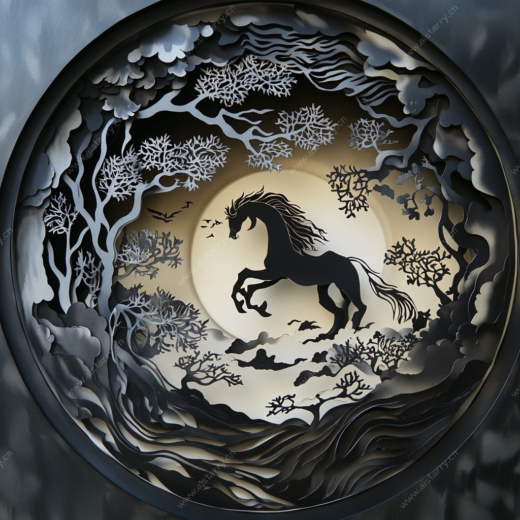 月夜奔马立体剪纸艺术图