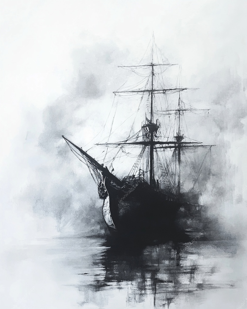 水墨风海上帆船剪影