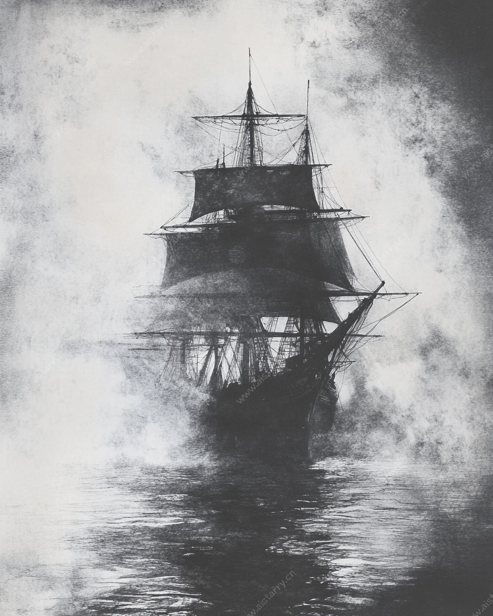 海上帆船黑白艺术画作