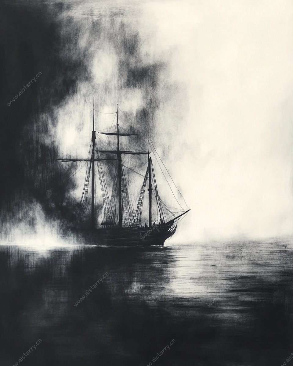 海上孤舟的神秘黑白图景