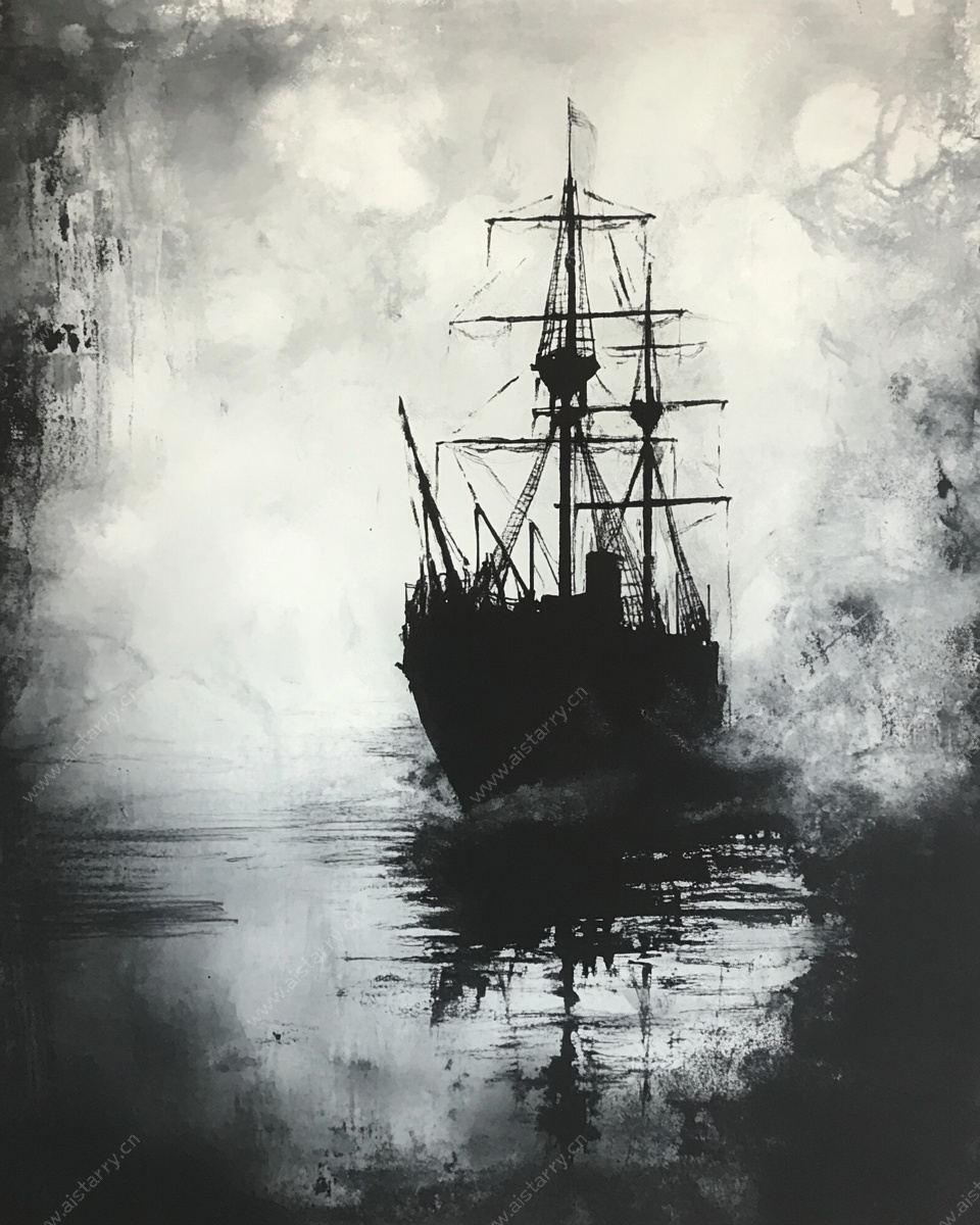 月夜下的古老帆船剪影