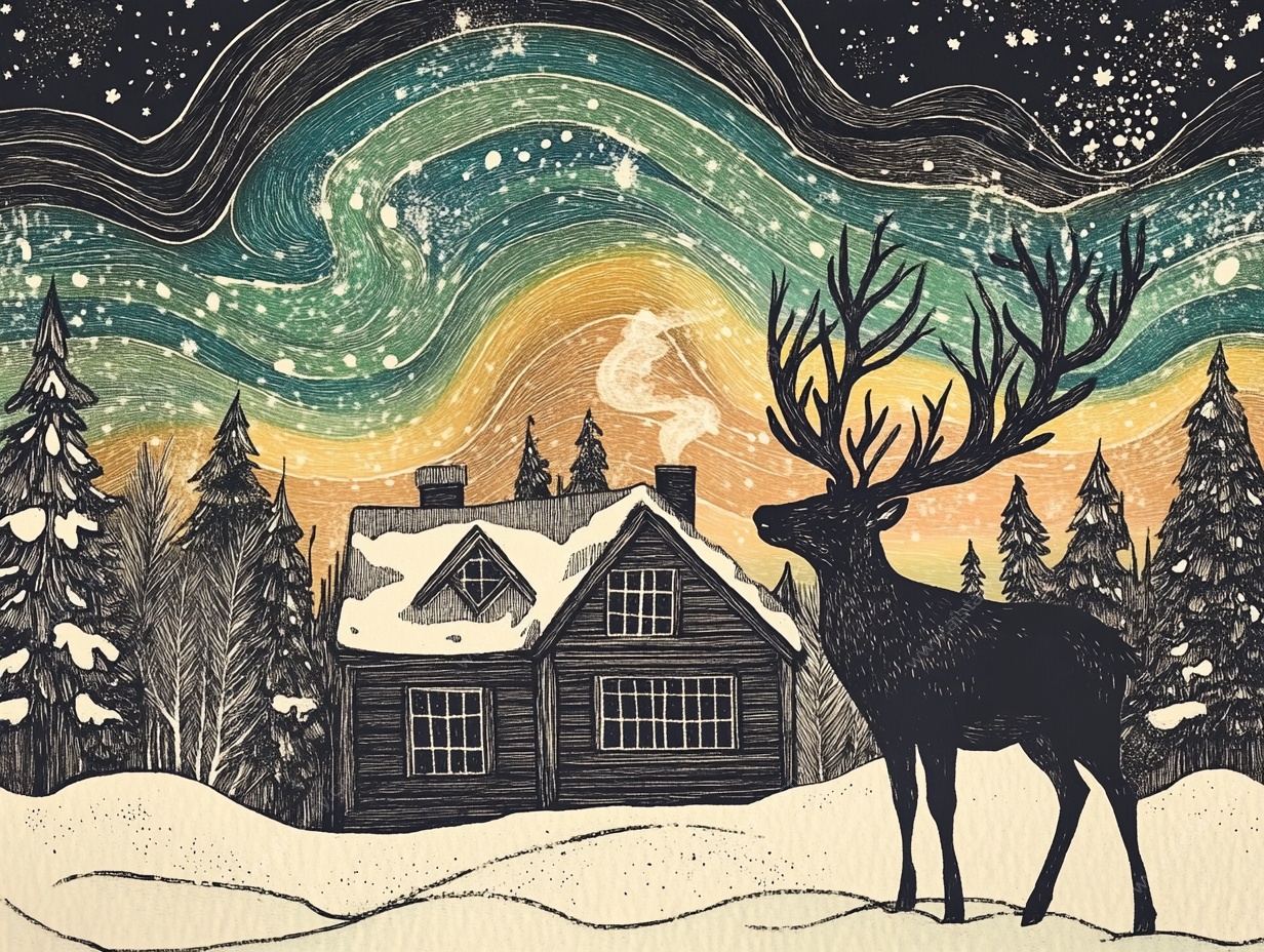 冬日鹿影下的静谧小屋