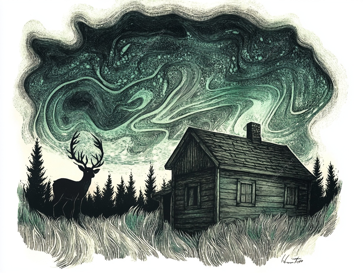 极光下的木屋与驯鹿