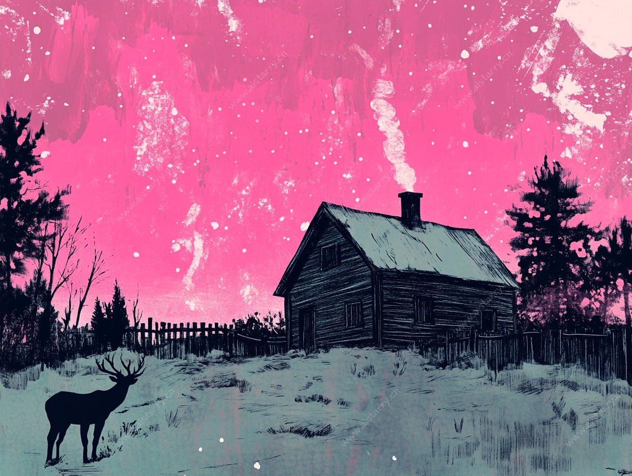 雪夜木屋前的梦幻景象