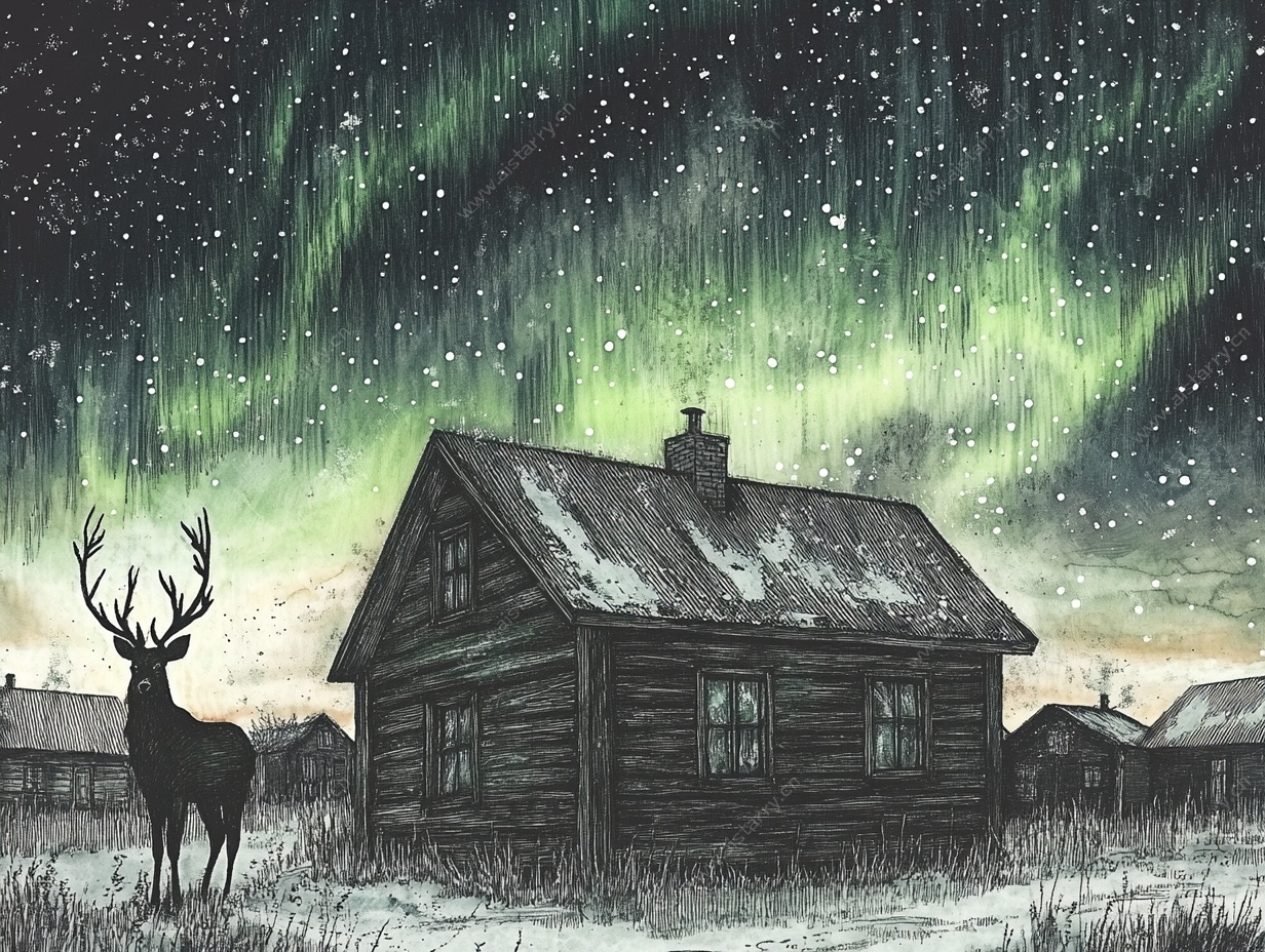 极光下的木屋与驯鹿