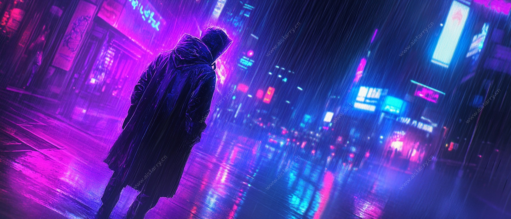 雨夜霓虹下的孤独身影