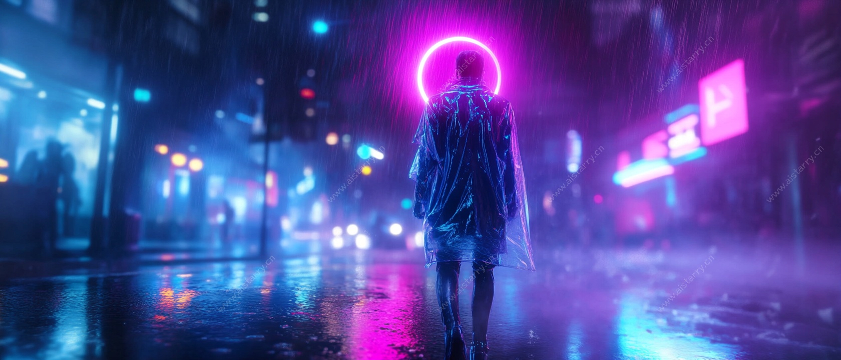 雨夜霓虹下的孤独背影