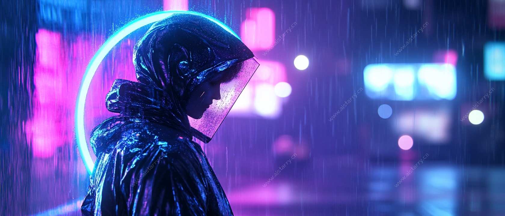 雨夜中的未来感独行身影