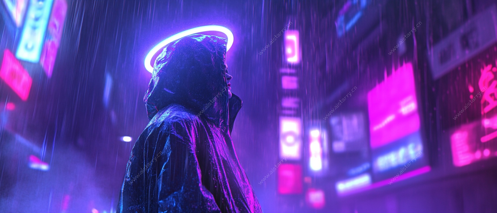 霓虹雨夜中的神秘身影