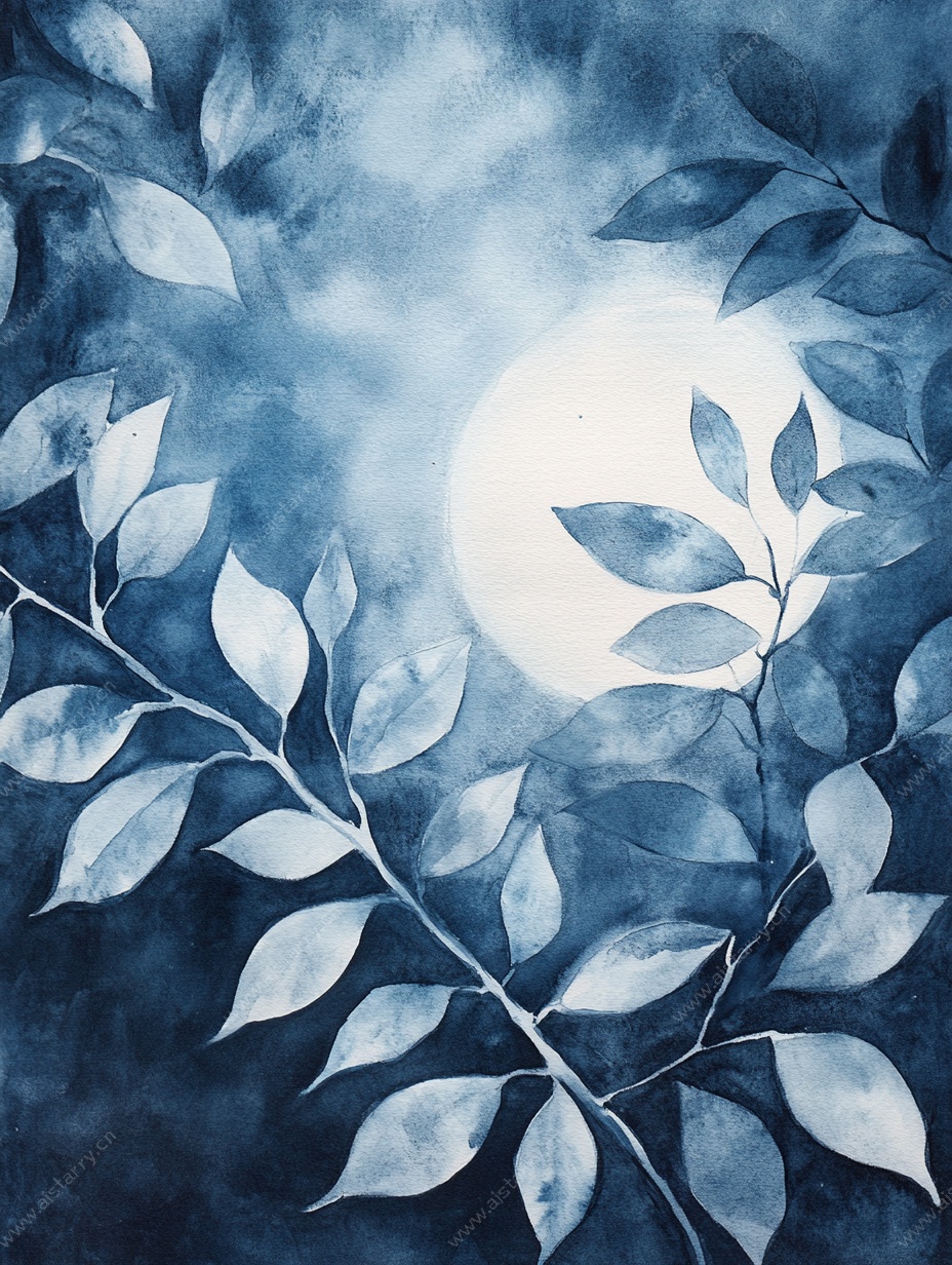 蓝调月夜枝叶水彩画