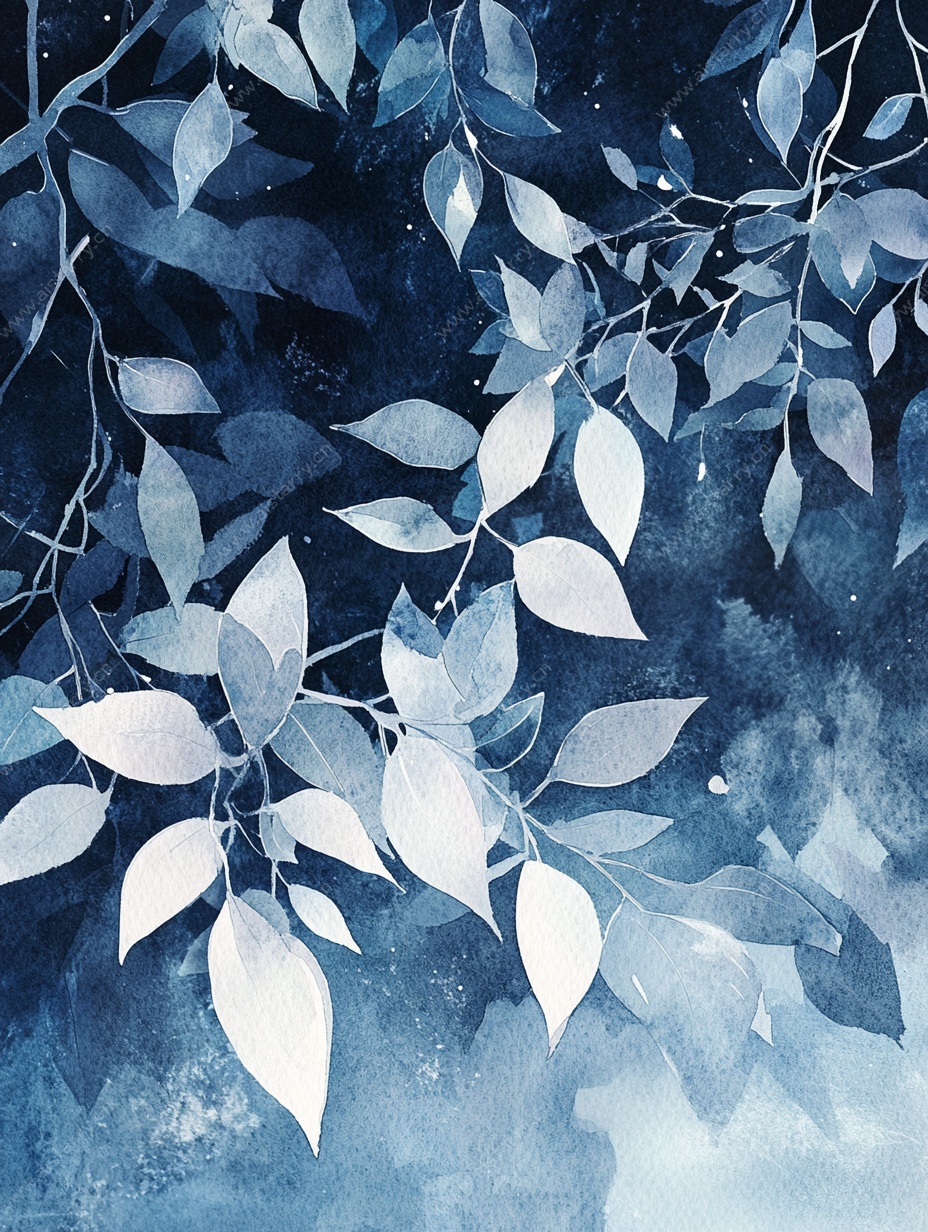 蓝调水彩树叶梦幻背景图