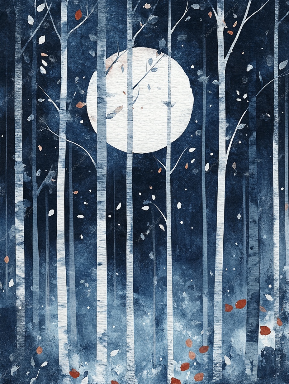 月夜白桦林水彩插画