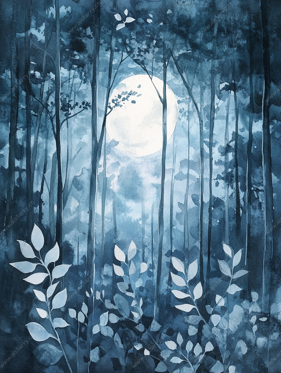 月夜森林梦幻水彩画