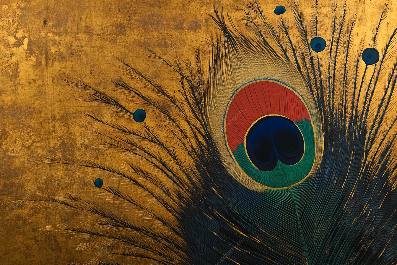 金色背景孔雀羽毛特写