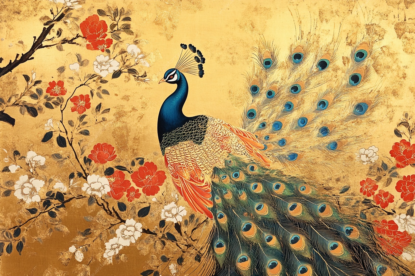金色孔雀花卉中式插画