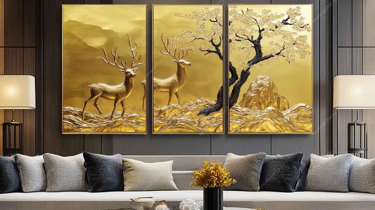 金色麋鹿三联装饰画