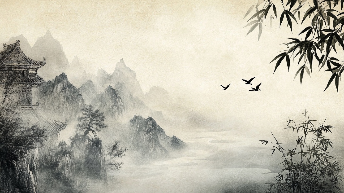 水墨山水古建筑意境图