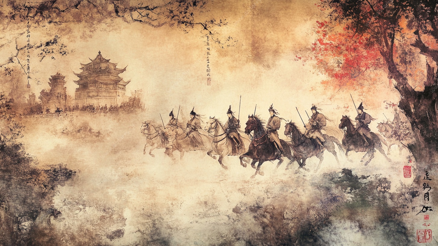 古代骑兵征战水墨画卷