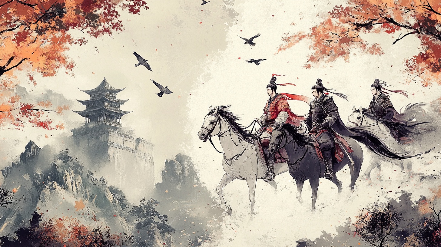 三位侠客骑马秋景图