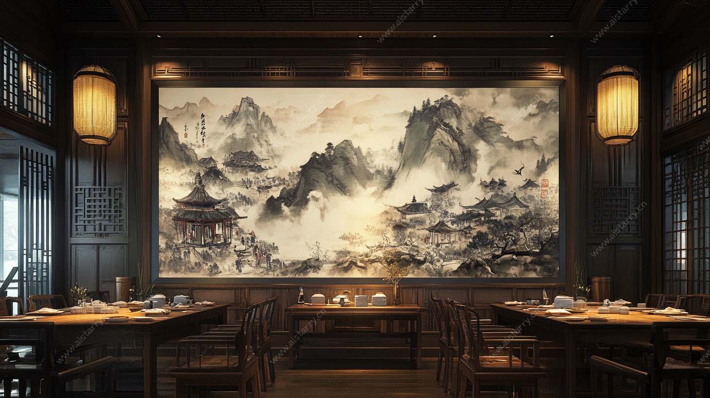 中式餐厅山水壁画装饰景
