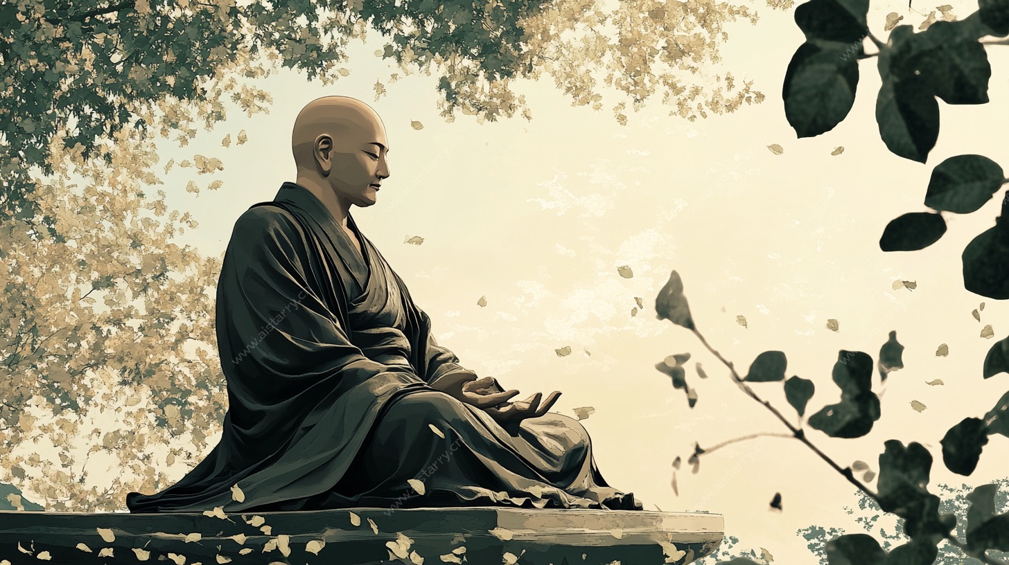 僧人静坐冥想于林间