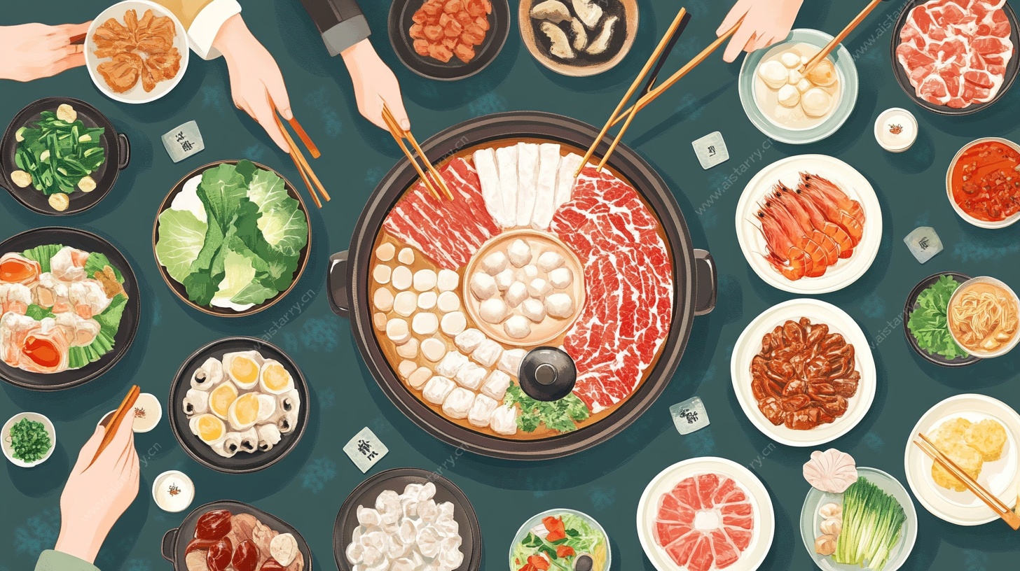 热闹火锅聚餐场景插画